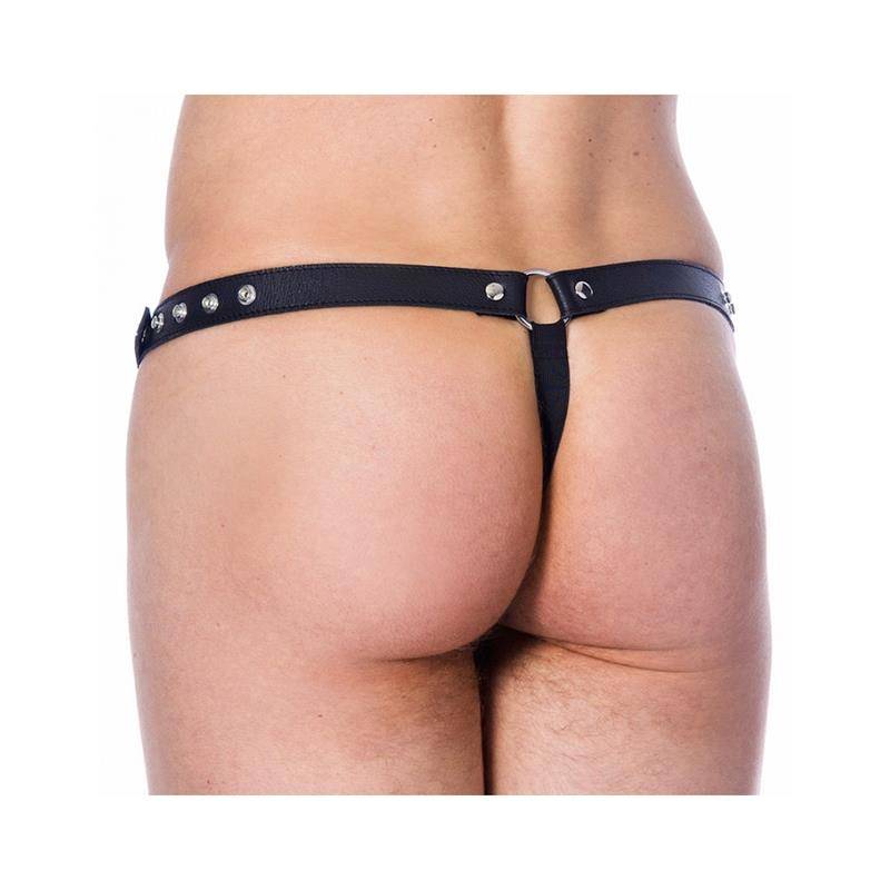 BONDAGE PLAY TANGA DE CUERO AJUSTABLE CON TACHUELAS