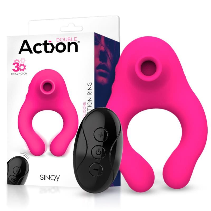 ACTION SINQY ANILLO VIBRADOR CON SUCCIONADOR DE CLÍTORIS 3 MOTORES CON CONTROL REMOTO USB MAGNÉTICO